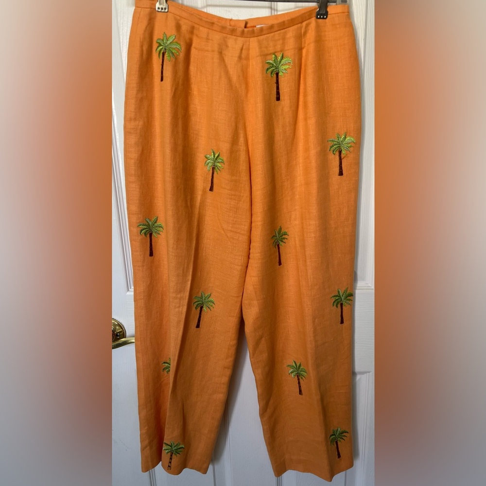 Vtg JADE Melody Tam Women’s Orange Melon/Linen Pants Embroidered Palm Trees Sz 6